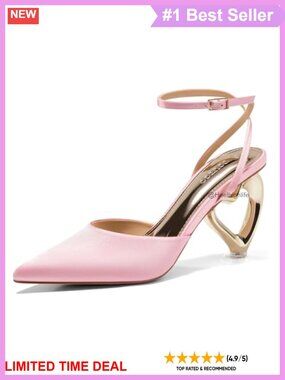 Kitten Heels Pointed Toe Heart Heel Ankle Strap Satin Pumps